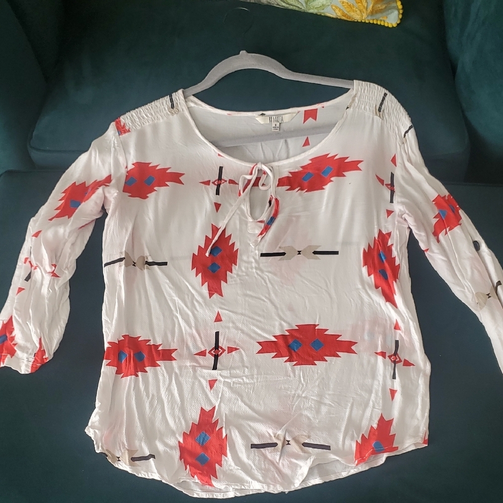 BB Dakota White Patterned Tie Front Blouse 3/4 Sleeve